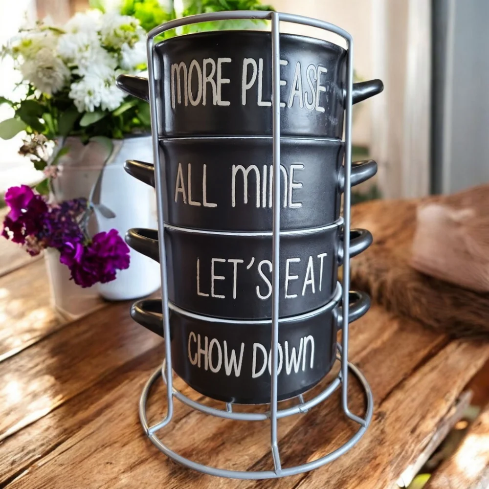 Vtg Boston Warehouse 4 Handled Black Souper Bowls White Script With Metal Rack
